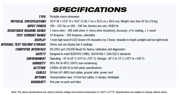 Accu-Ohm 200 measure low resistances specs