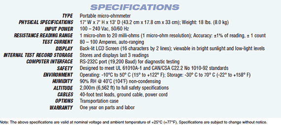 ightweight and compact 100-Amperes DC micro-ohmmeter specs
